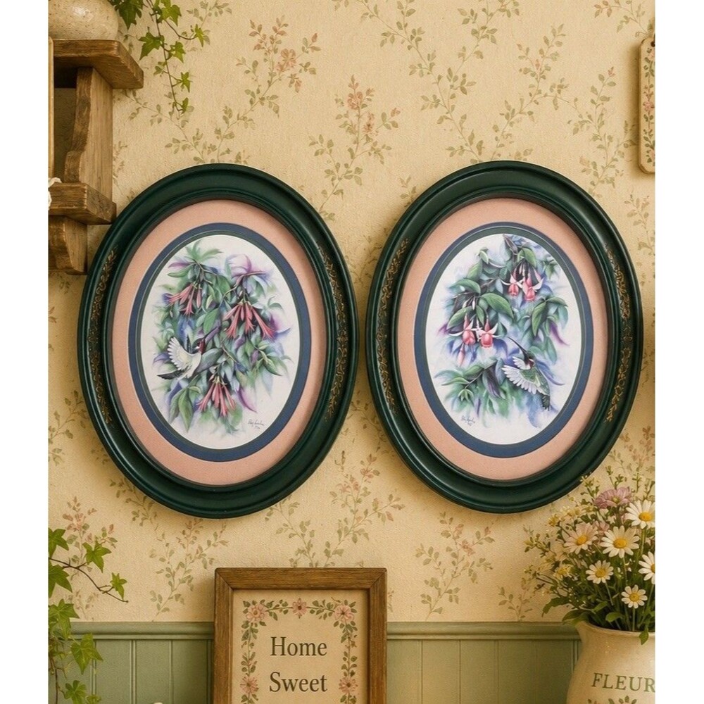 Don Kent 1994 Home Interior Hummingbird Green Oval Set Of 2 Framed Pictures